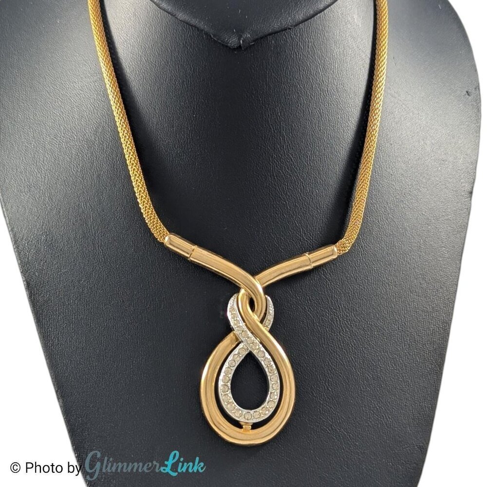 Vintage Two Tone Infinity Rhinestone Pendant Necklace - 80s 90s Mesh Chain